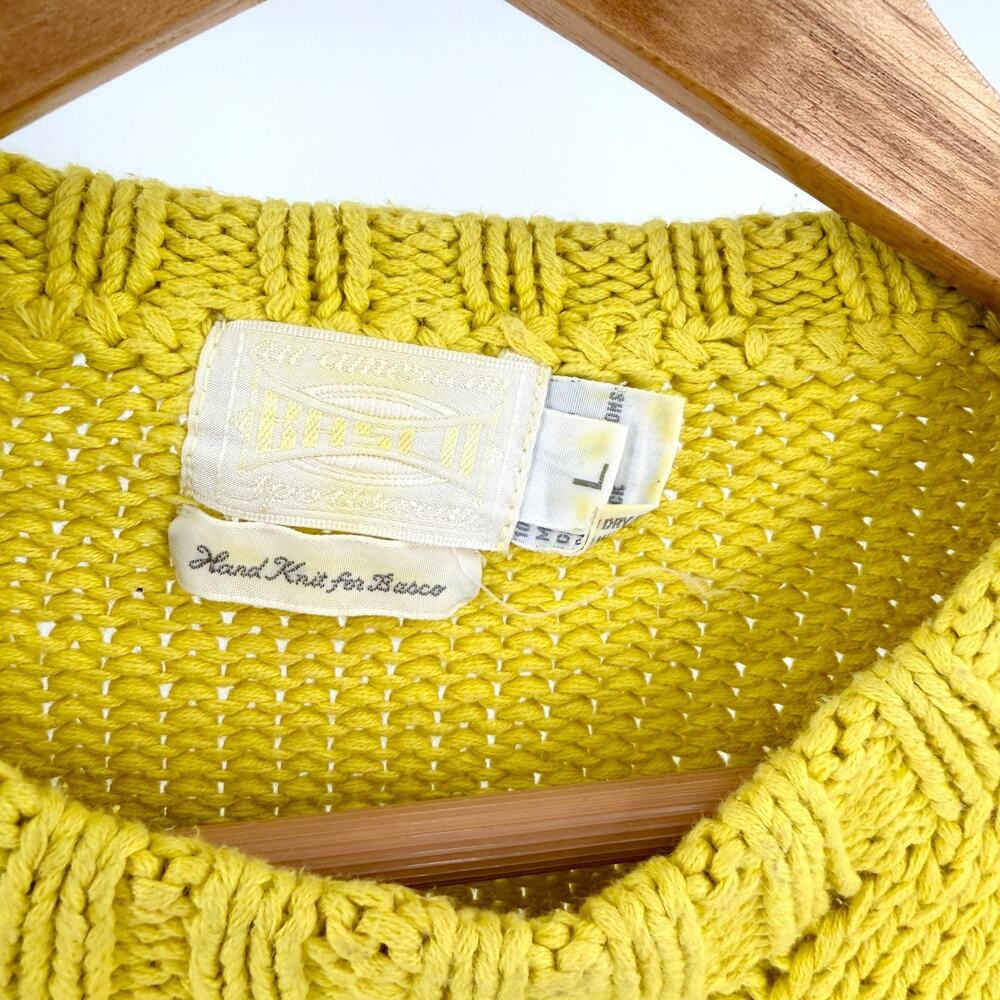 Vintage 80s BASCO by Barneys Neon Yellow 100% Cotton Cable Knit Pullover Sweater - Picture 5 of 8